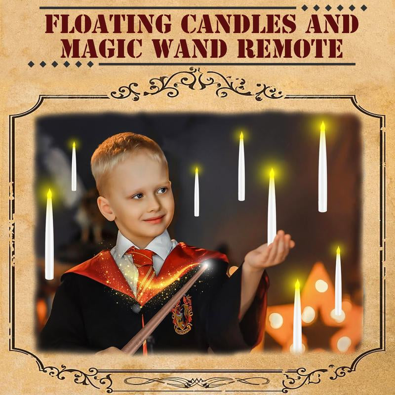 Floating Flameless Halloween Candles with Magic Wand Remote, 6.6" Hanging LED Taper Candles with Hooks & Fishing Line, Flickering Battery Operated Candles for Christmas, Windows, Spooky Indoor Outdoor Decor