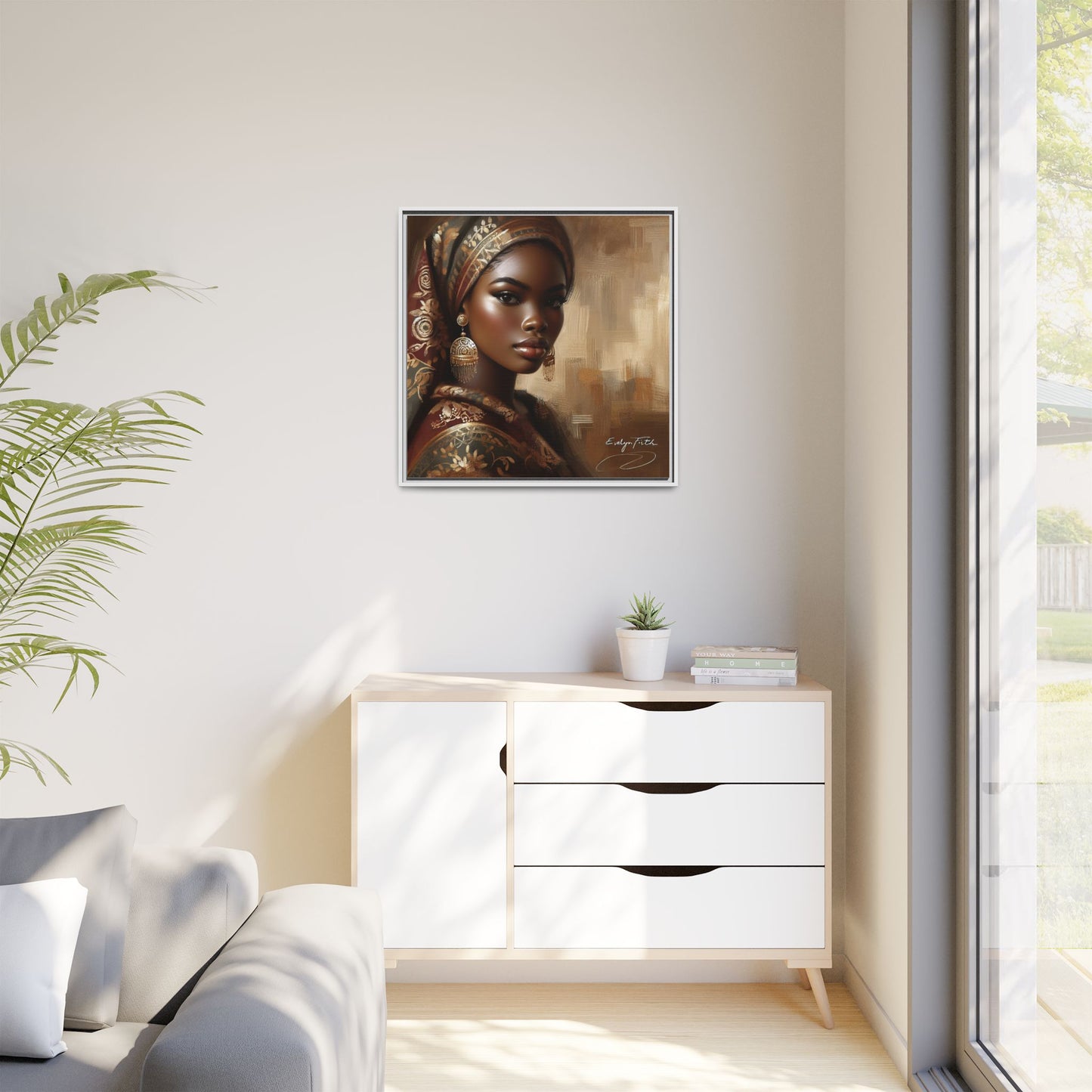 Wall Art Print, Elegant Afrocentric Home Decor, Black Woman Portrait, Unique Gift for Her, Matte Canvas, Framed Art Print for Living Room