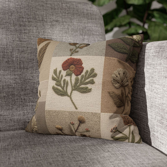 Boho Embroidered Wildflower Pillowcase - Neutral Botanical Cushion Cover for Home Decor, Hand-Stitched Floral Design, Spun Polyester, Square