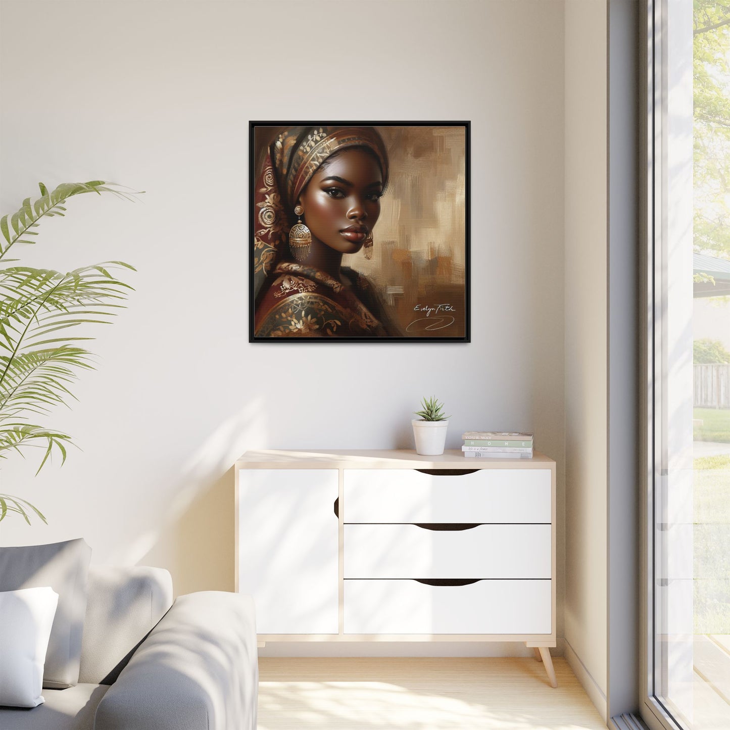 Wall Art Print, Elegant Afrocentric Home Decor, Black Woman Portrait, Unique Gift for Her, Matte Canvas, Framed Art Print for Living Room