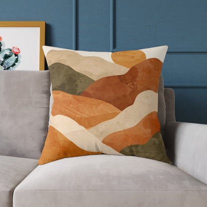 Canvas Pillow - Boho Abstract Sunset Landscape Cushion with Desert Mountains & Sun Design
