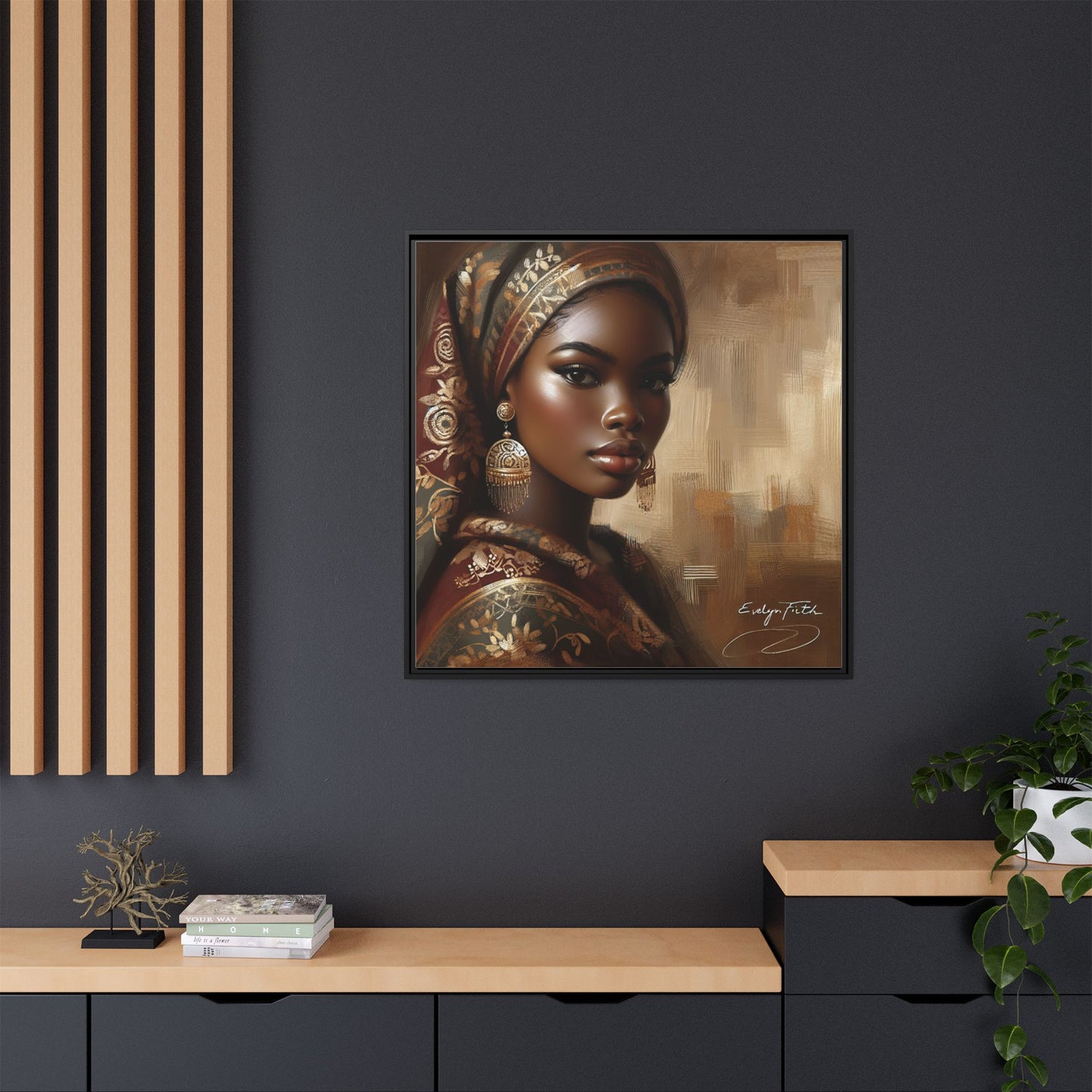 Wall Art Print, Elegant Afrocentric Home Decor, Black Woman Portrait, Unique Gift for Her, Matte Canvas, Framed Art Print for Living Room