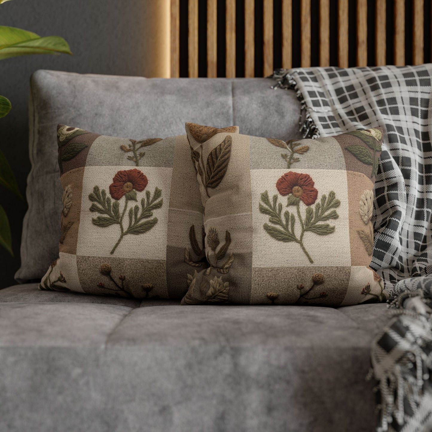 Boho Embroidered Wildflower Pillowcase - Neutral Botanical Cushion Cover for Home Decor, Hand-Stitched Floral Design, Spun Polyester, Square