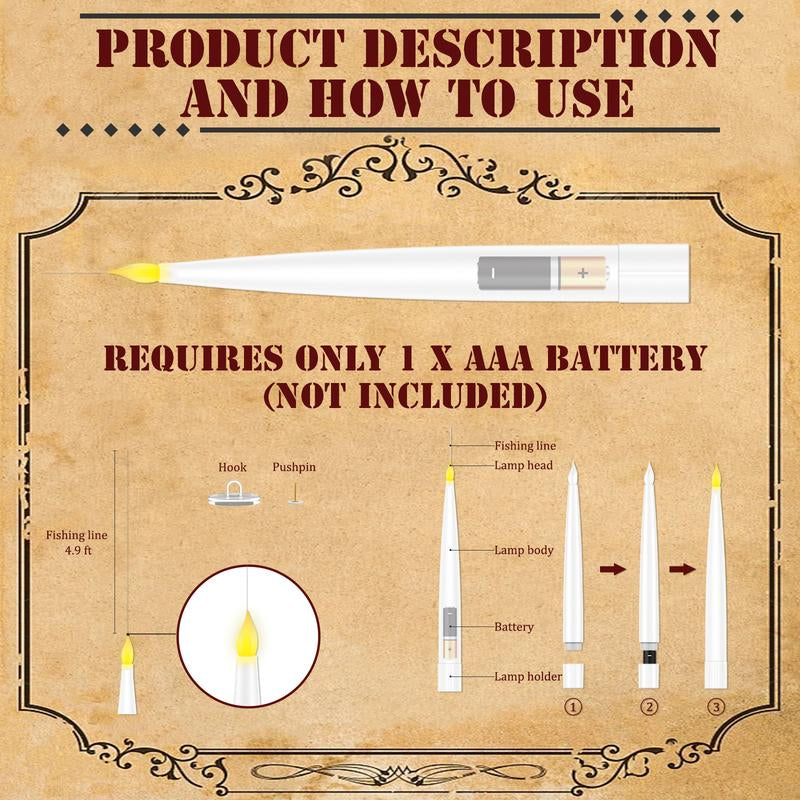 Floating Flameless Halloween Candles with Magic Wand Remote, 6.6" Hanging LED Taper Candles with Hooks & Fishing Line, Flickering Battery Operated Candles for Christmas, Windows, Spooky Indoor Outdoor Decor