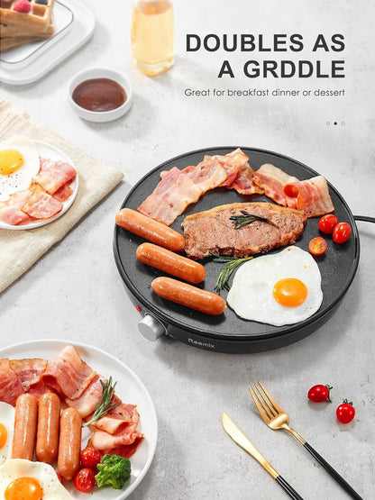 Crepe Maker Machine,  Nonstick 12” Electric Griddle, Compact Pancake Griddle Precise Temperature Control, Batter Spreader for Eggs, Pancakes, Includes Spatula, Spreader（Black）