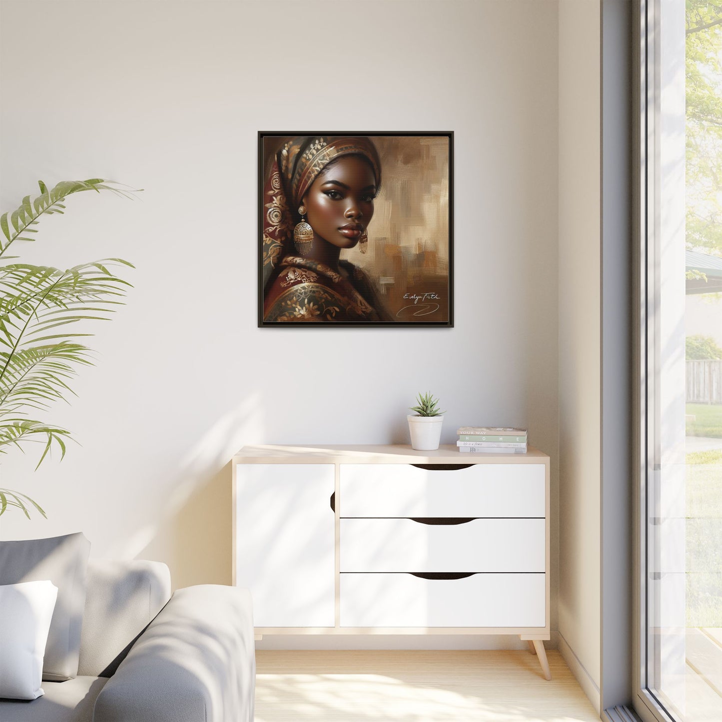 Wall Art Print, Elegant Afrocentric Home Decor, Black Woman Portrait, Unique Gift for Her, Matte Canvas, Framed Art Print for Living Room