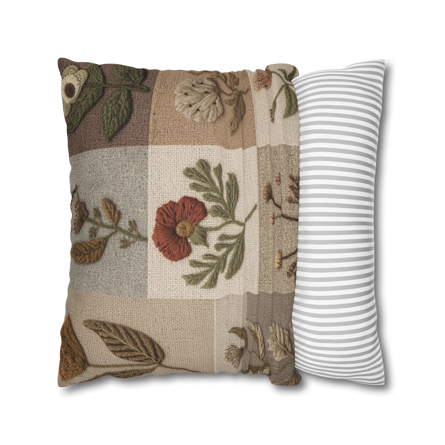 Boho Embroidered Wildflower Pillowcase - Neutral Botanical Cushion Cover for Home Decor, Hand-Stitched Floral Design, Spun Polyester, Square