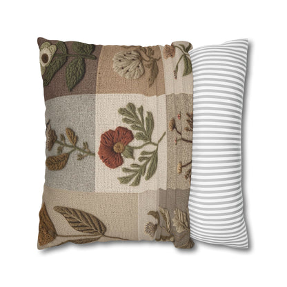 Boho Embroidered Wildflower Pillowcase - Neutral Botanical Cushion Cover for Home Decor, Hand-Stitched Floral Design, Spun Polyester, Square