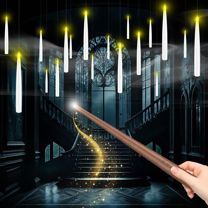 Floating Flameless Halloween Candles with Magic Wand Remote, 6.6" Hanging LED Taper Candles with Hooks & Fishing Line, Flickering Battery Operated Candles for Christmas, Windows, Spooky Indoor Outdoor Decor
