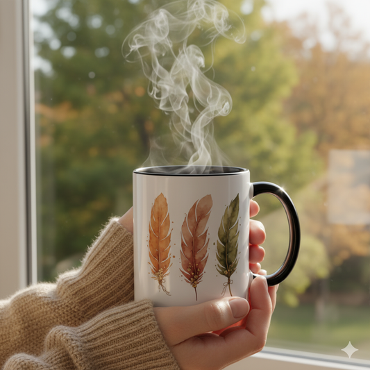 Cozy Feather Accent Coffee Mug | Fall Decor, Gift for Coffee Lovers, Autumn Vibes, Home Office, Nature Lover's Mug