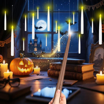 Floating Flameless Halloween Candles with Magic Wand Remote, 6.6" Hanging LED Taper Candles with Hooks & Fishing Line, Flickering Battery Operated Candles for Christmas, Windows, Spooky Indoor Outdoor Decor