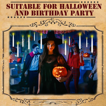 Floating Flameless Halloween Candles with Magic Wand Remote, 6.6" Hanging LED Taper Candles with Hooks & Fishing Line, Flickering Battery Operated Candles for Christmas, Windows, Spooky Indoor Outdoor Decor